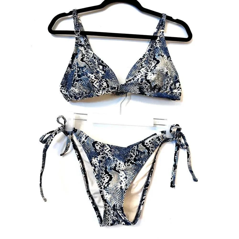 Shade & Shore Triangle Snake Bikini Top And Cheeky Bottoms 2Pc Set Blue L/M